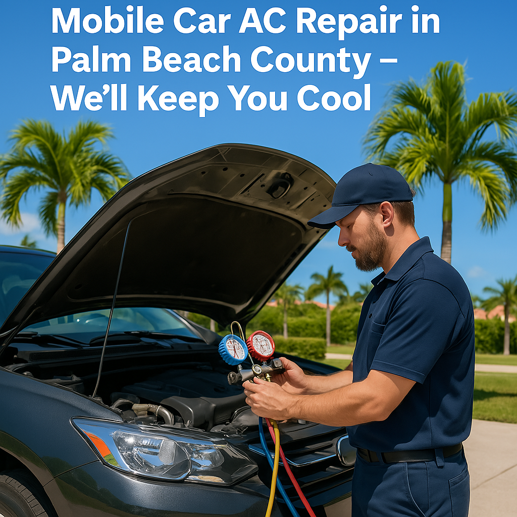 Mobile mechanic checking a car’s AC system with gauges under the hood in a sunny Palm Beach driveway, with palm trees and a clear blue sky in the background.