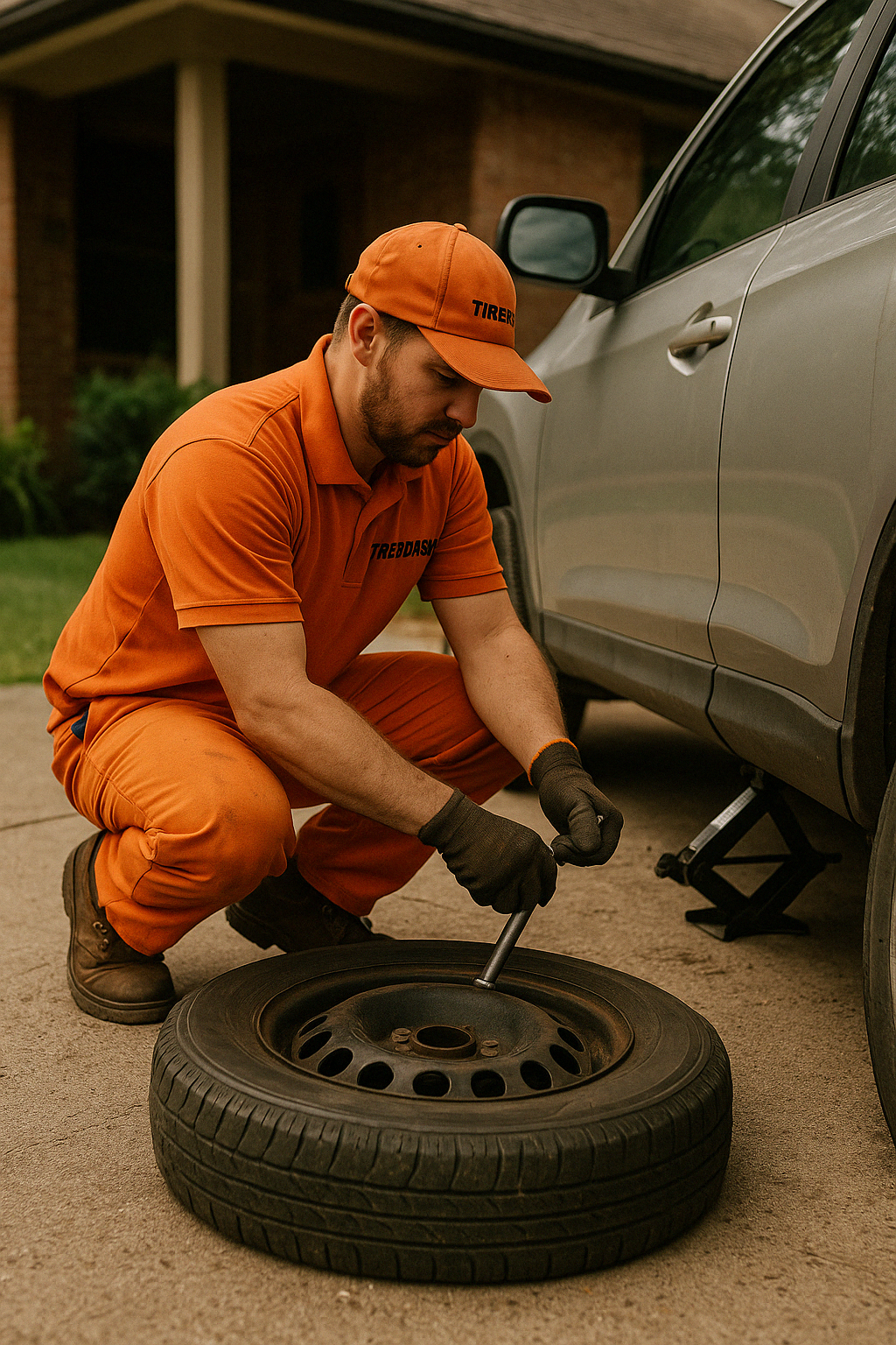 TiresDash mobile tire technician in bright orange uniform performing a flat tire replacement at a customer's home in Palm Beach County, Florida. The technician is servicing a vehicle in a residential driveway with tools and a new tire visible, showcasing professional on-site tire change services for homeowners. Ideal representation of mobile tire replacement in West Palm Beach and surrounding areas.