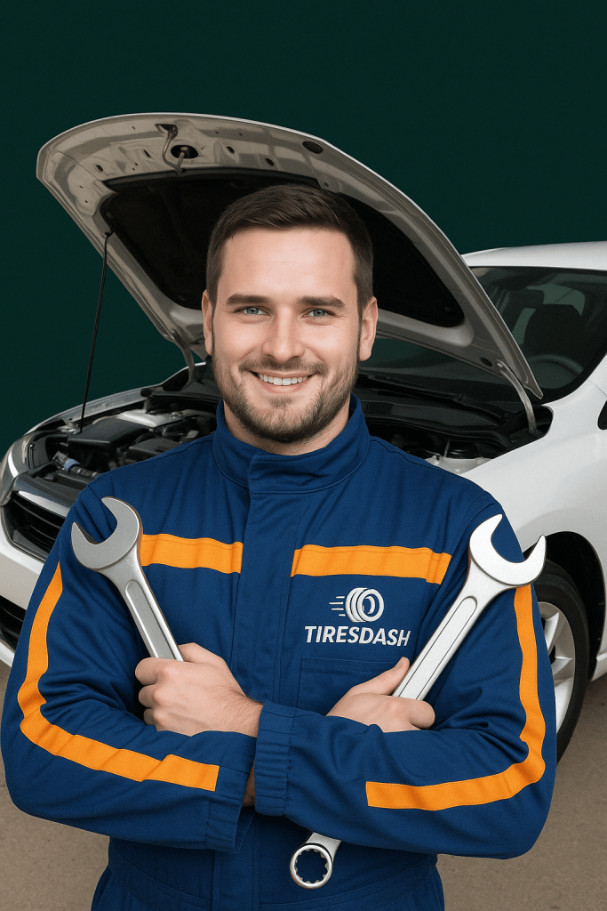 A smiling male auto mechanic in a blue and orange TiresDash uniform stands confidently in front of a white car with its hood open. He holds two large wrenches crossed in front of his chest. The background is a solid dark green.