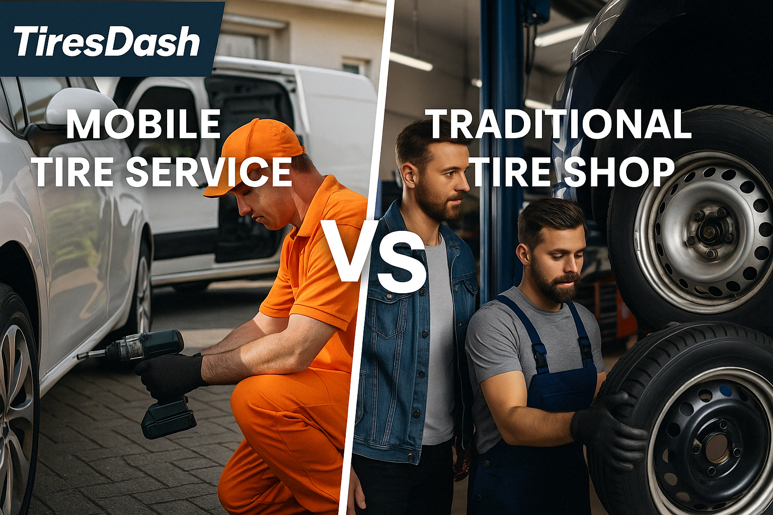 A side-by-side comparison image showing TiresDash mobile tire service on the left and a traditional tire shop on the right. The TiresDash side features a technician in an orange uniform changing a tire in a residential driveway, while the traditional shop side shows a crowded waiting room. This visual highlights the convenience and speed of mobile tire installation versus the hassle of brick-and-mortar locations.